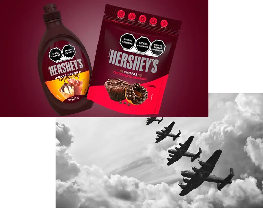 En la imagen superior se muestra un envase de Hershey's Jarabe sabor a Chocolate y un envase de Hershey's Chispas sabor a Chocolate Amargo. En la imagen inferior se aprecian 4 aviones Avro 464 Lancaster conocido como "Dambuster"